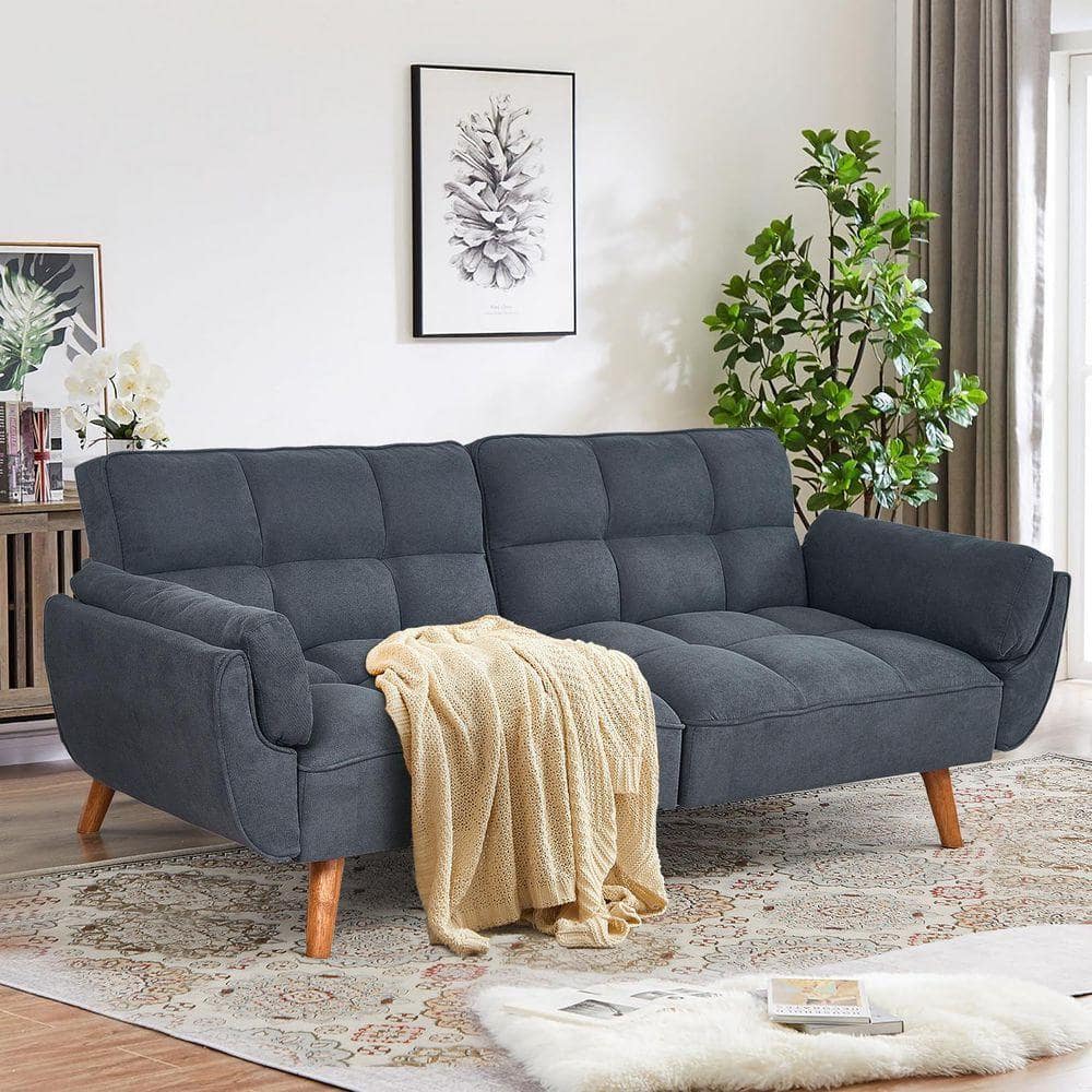 WONDER COMFORT Chic 75 in. Dark Gray Linen Futon Sleeper Bed Convertible Loveseat Sofa with Split Backrest and Pillows KL-SF-264DG
