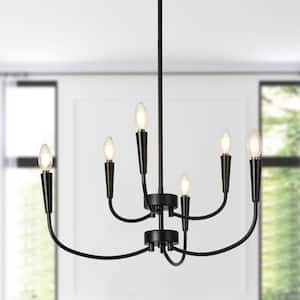 Modern 24 in. 6-Light Black Chandelier Minimalist Ceiling Light for Master Bedroom and Living Room with Candle Design