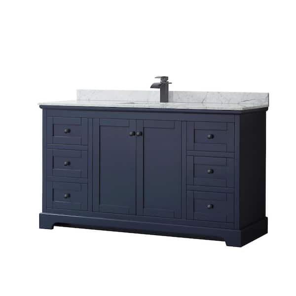 Wyndham Collection Avery 60 in. W x 22 in. D x 35 in. H Single Bath Vanity in Dark Blue with White Carrara Marble Top