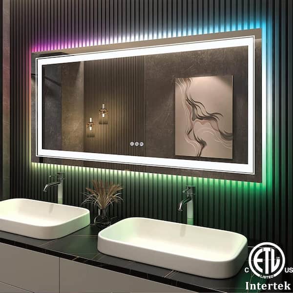 Apmir 55 in. W x 30 in. H Rectangular Frameless RGB Backlit & LED Frontlit Anti-Fog Tempered Glass Wall Bathroom Vanity Mirror
