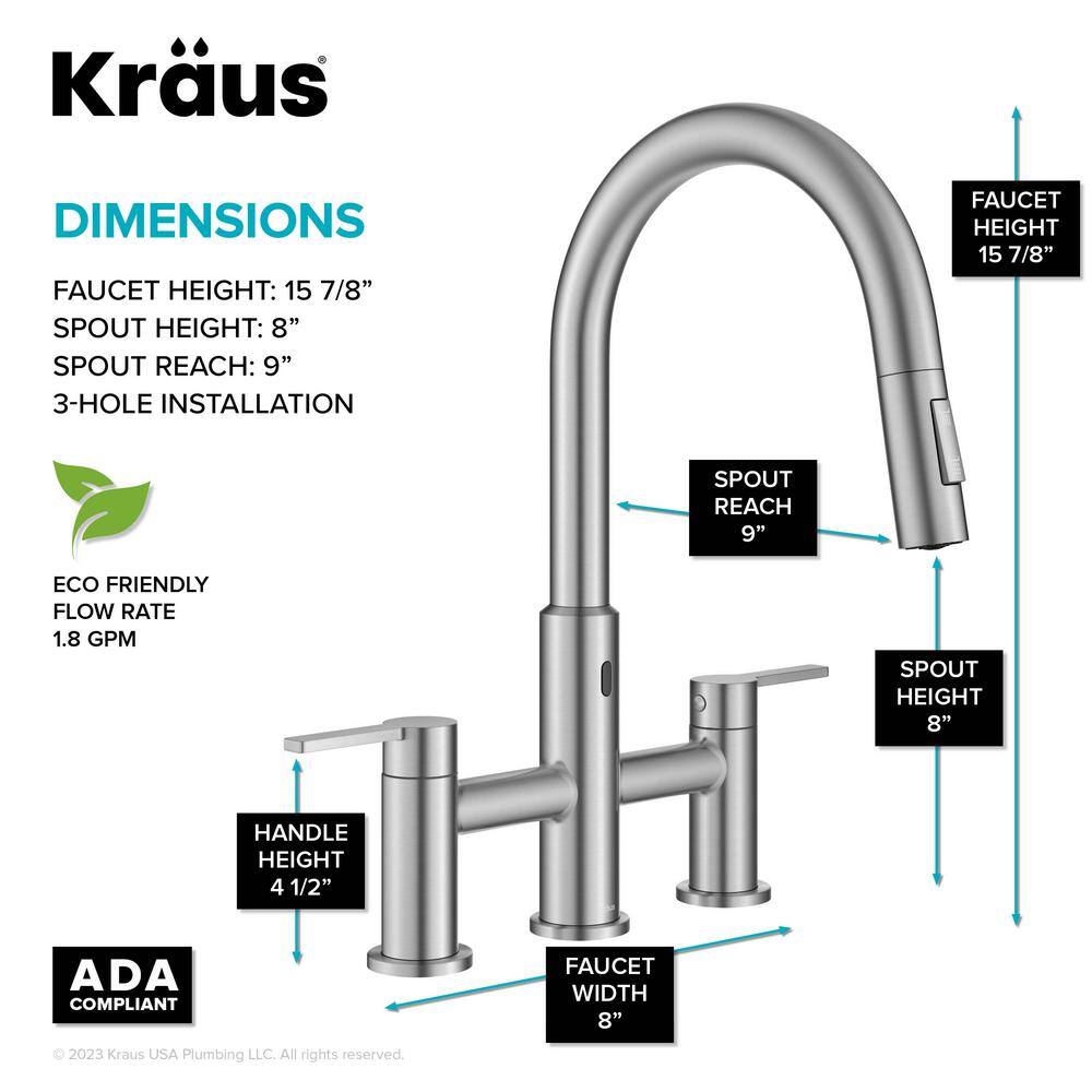 Stainless Steel Touchless Sensor Bridge Kitchen Faucet with Pull-Down Sprayhead