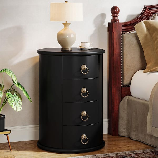 BYBLIGHT Kerlin 17.72 in. Black Round Wood End Table with 4-Storage Drawers, No Assembly