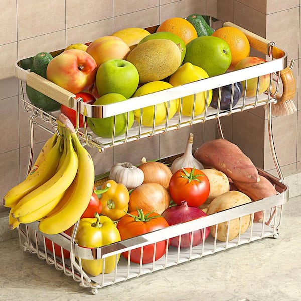 2 Tier Fruit Basket for Kitchen Counter with 2 Mobile Banana Hanger, Detachable Metal Fruit Bowl with Wooden Handle
