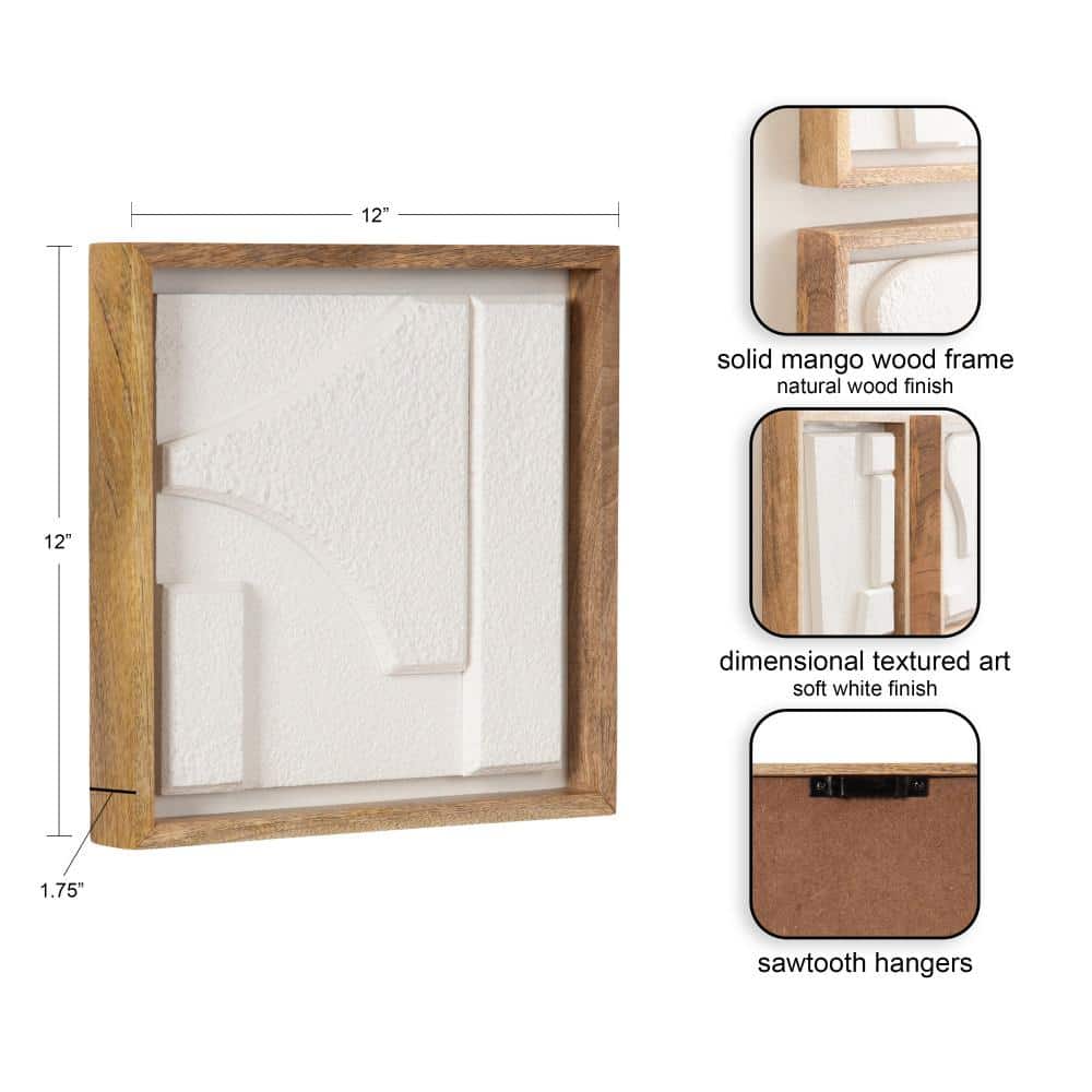 Yukiah 3-Piece White and Natural Wood Geometric Wall Art Set