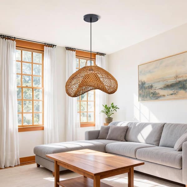 1-Light Warm Brown Hand-Woven Rattan Pendant Light with Scalloped Bowl Shape, No Bulbs Included 24 in.