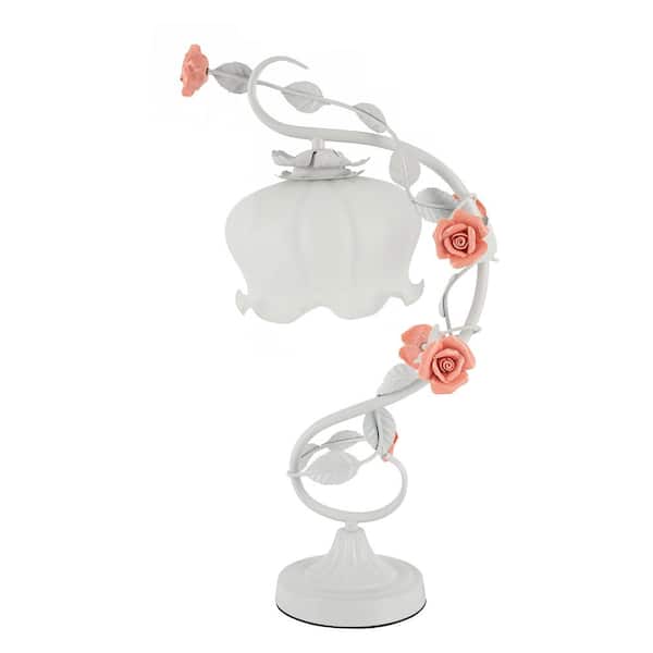 OUKANING 20.5 in. White Retro Rose Glass Gooseneck Desk Lamp with White Bent Glass Shade