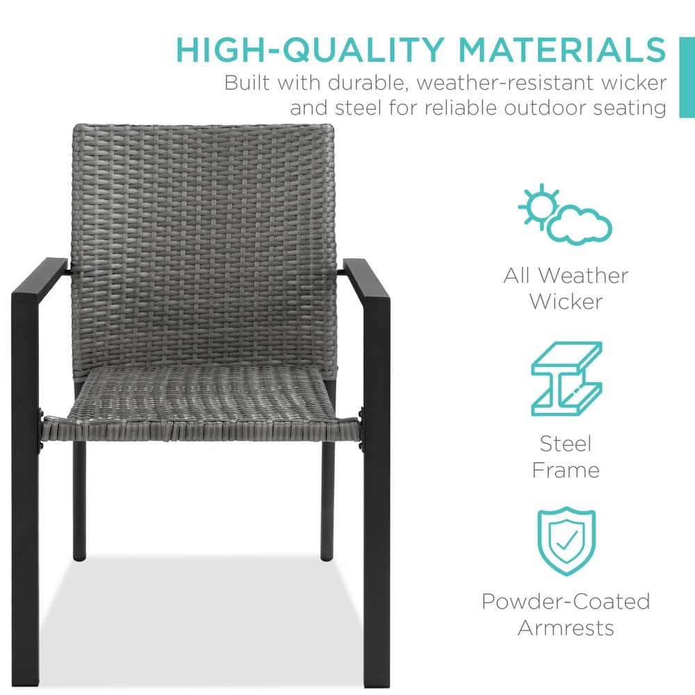 Set of 2 Gray Wicker Stackable Outdoor Dining Chairs with Armrests