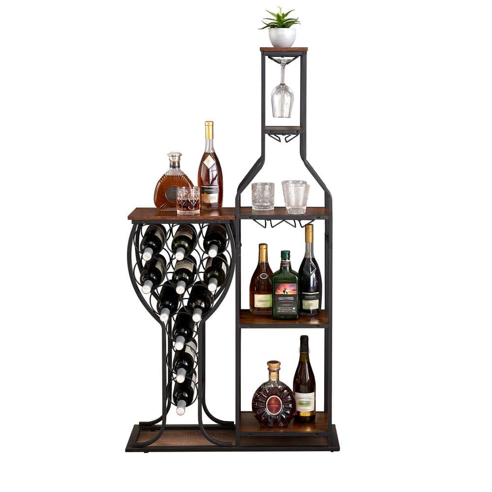 Rustic Brown 5-Tier Freestanding Wine Rack with Glass Holder