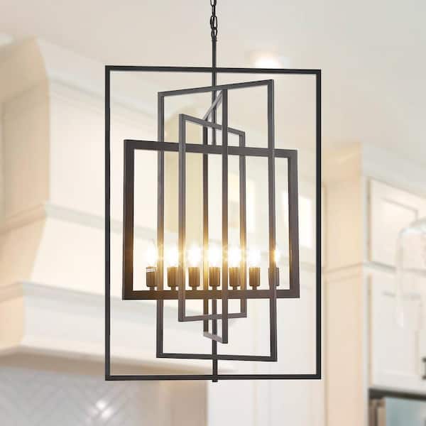 Magic Home Modern Farmhouse 7-Light Iron Pendant Black Geometric Chandelier Light Fixture for Kitchen Island Dinning Room