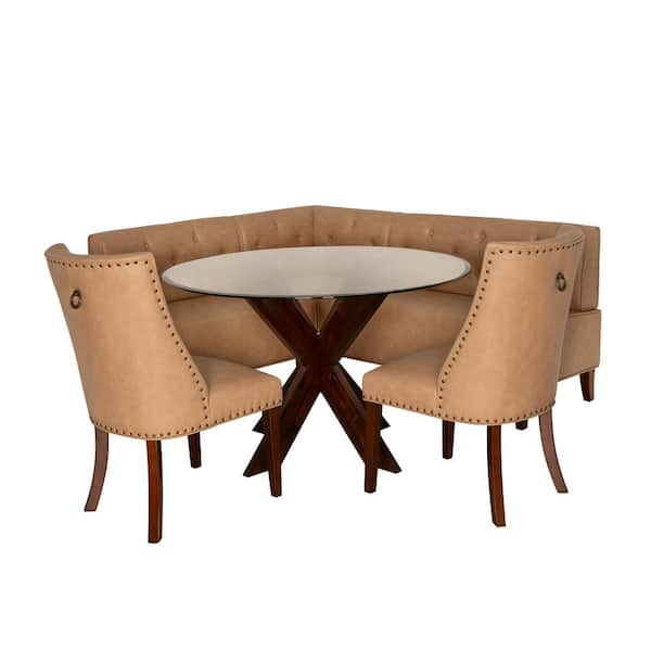 Trapp Tan 4-Piece Nook Round Espresso Glass Top Dining Room Set Seats 6