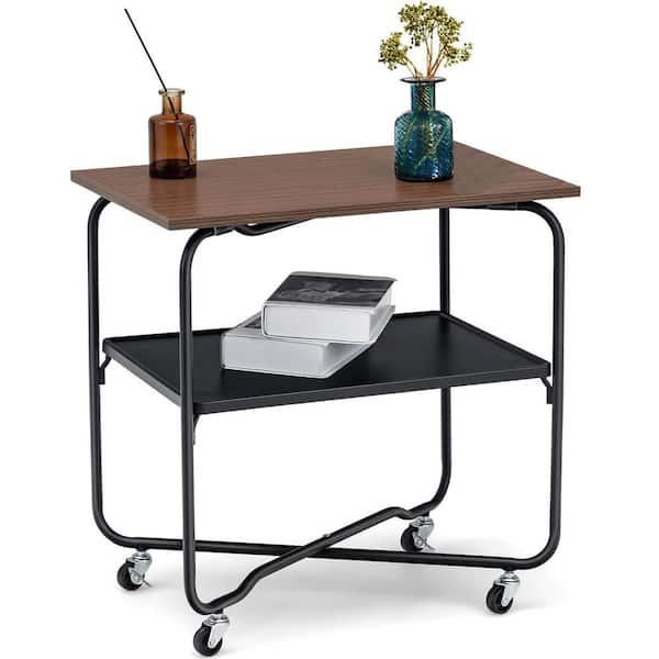 Gymax 2-Tier Folding Rolling Cart Kitchen Utility Cart Tool-Free Installing Brown