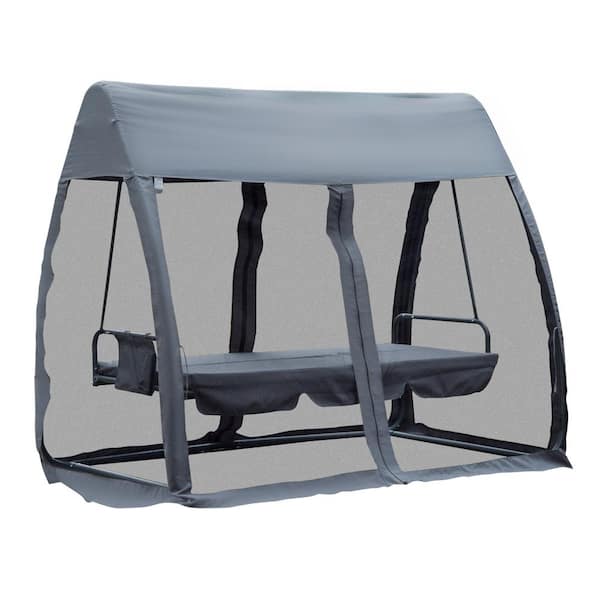 Outsunny 3-Person Gray Metal Patio Swing with Convertible Backrest