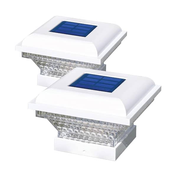 Home Zone Security White Integrated LED 4x4 and 3.5x3.5 Solar Deck Post Cap Light 2-Pack
