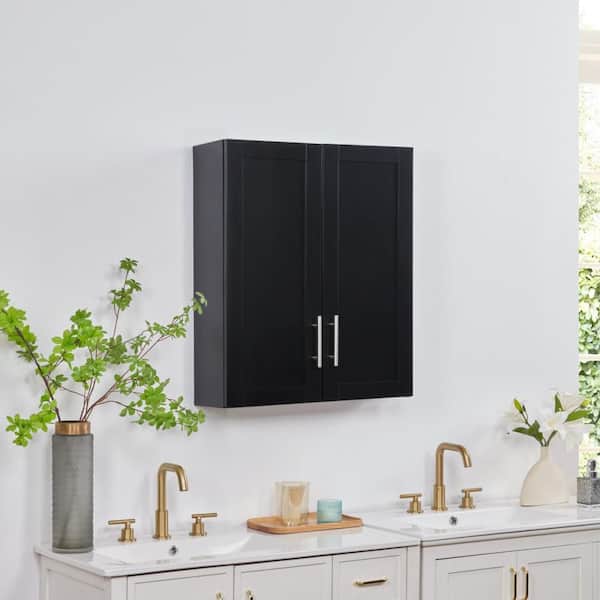 Black 30 in.H Wood Hanging Storage Cabinet with Doors and Shelves for Bathroom