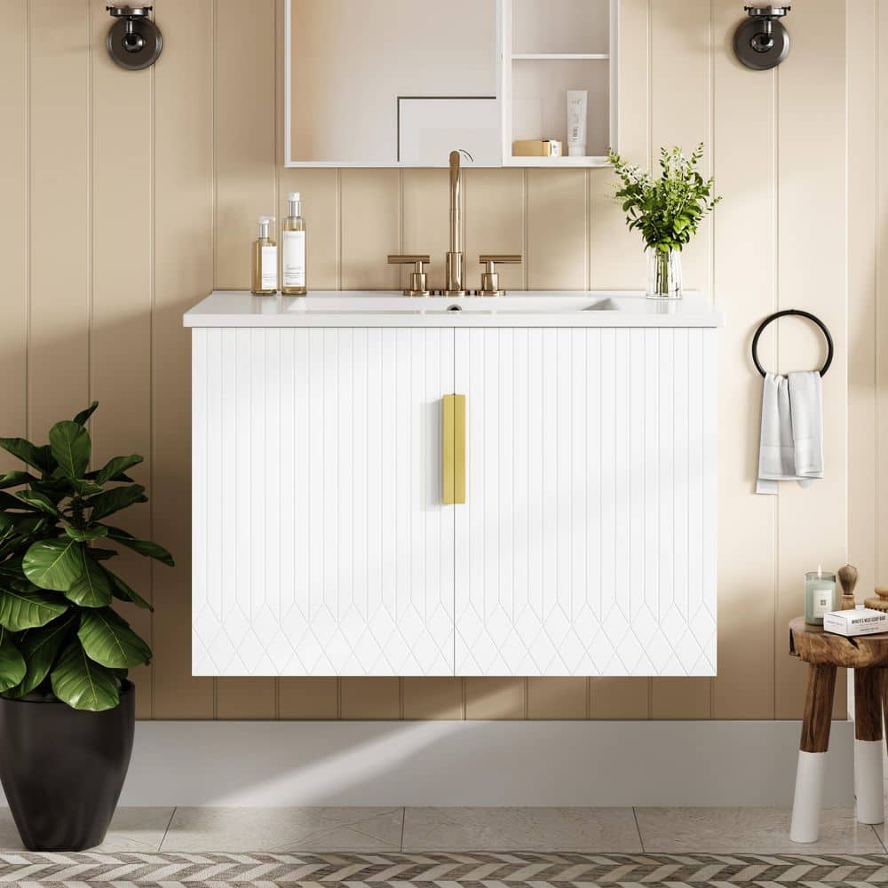 30 in. Single Sink Wall Mounted White Bath Vanity with White Ceramic Top and Soft Closing Doors price history on PriceWatchPro