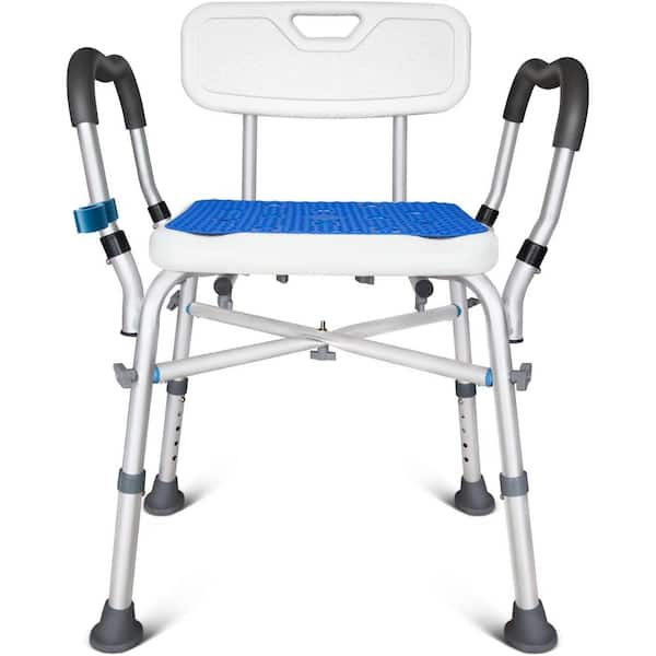 24 in. Heavy Duty Aluminum Shower Seat with Arms, Back and Adjustable Height in White for Elderly Up to 550 lbs.