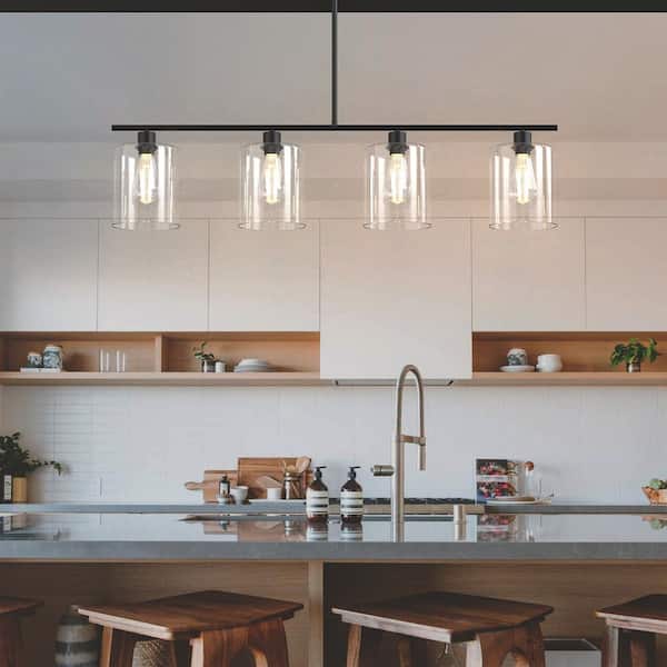 4-Light Matte Black Modern Island Pendant Light Fixtures, Linear Chandelier Hanging Light with Clear Glass Shade