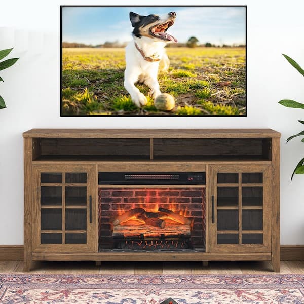 55 in. Freestanding Wooden Electric Fireplace TV Stand with KD Inserts Heater, Reclaimed Barnwood