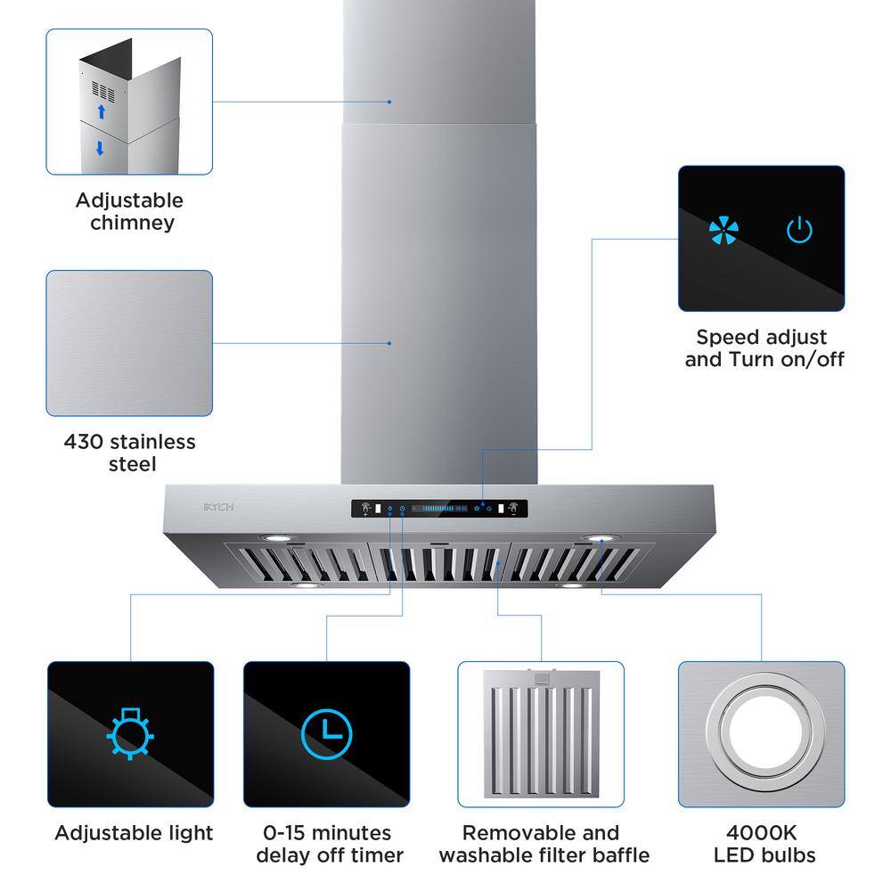 IKTCH 36" Stainless Steel Island Range Hood with Gesture Control