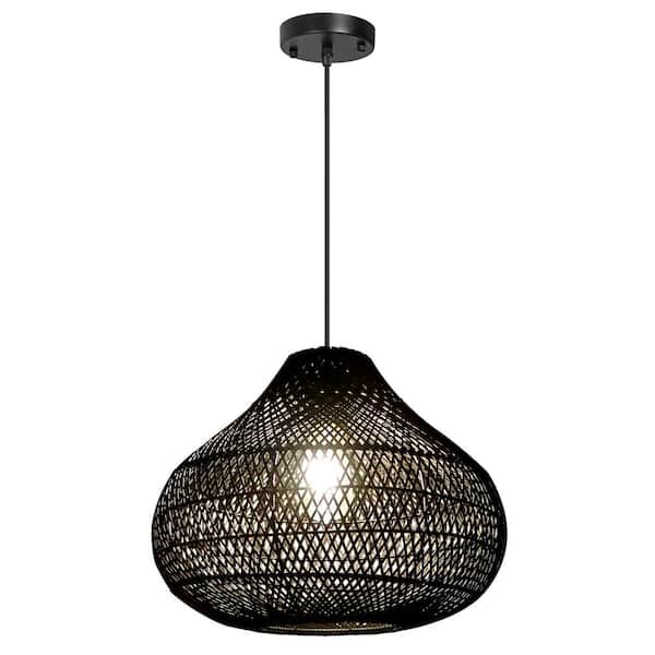 Unbranded 1-Light Black Rattan Large Boho Hand Woven Coastal Wicker Pendant Light Fixture for Dining Room Kitchen Island Bedroom