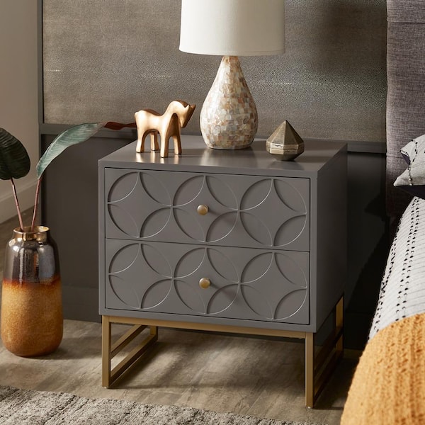 Nightstand, 2 Drawer Dresser for Bedroom, Small Side Table with 2 Drawers,  Bedside Furniture, Night Stand, End Table with Gold Frame for Bedroom