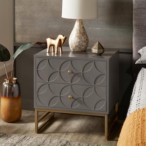 2-Drawer Grey Arched Diamond Gold Metal Nightstand (24.49 in. H x 23.5 in. W x 17.76 in. D)
