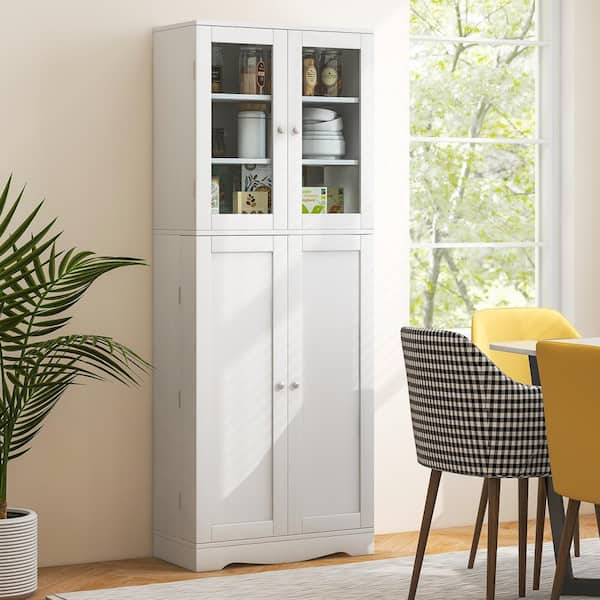 Costway White MDF 24 in. Tall Storage Cabinet Kitchen Pantry Cupboard Sideboards with Tempered Glass Doors and Shelves TH655B79IT