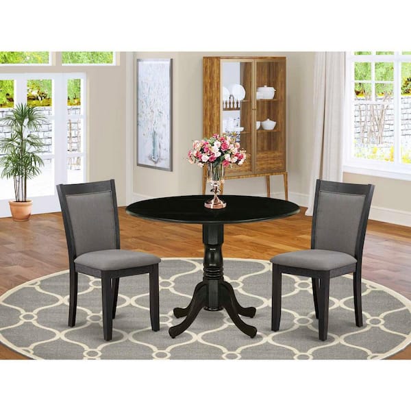 East West Furniture 3-Piece Wirebrushed Black Solid Wood Top - Dining Room Set with Dropleaf - Seats-4