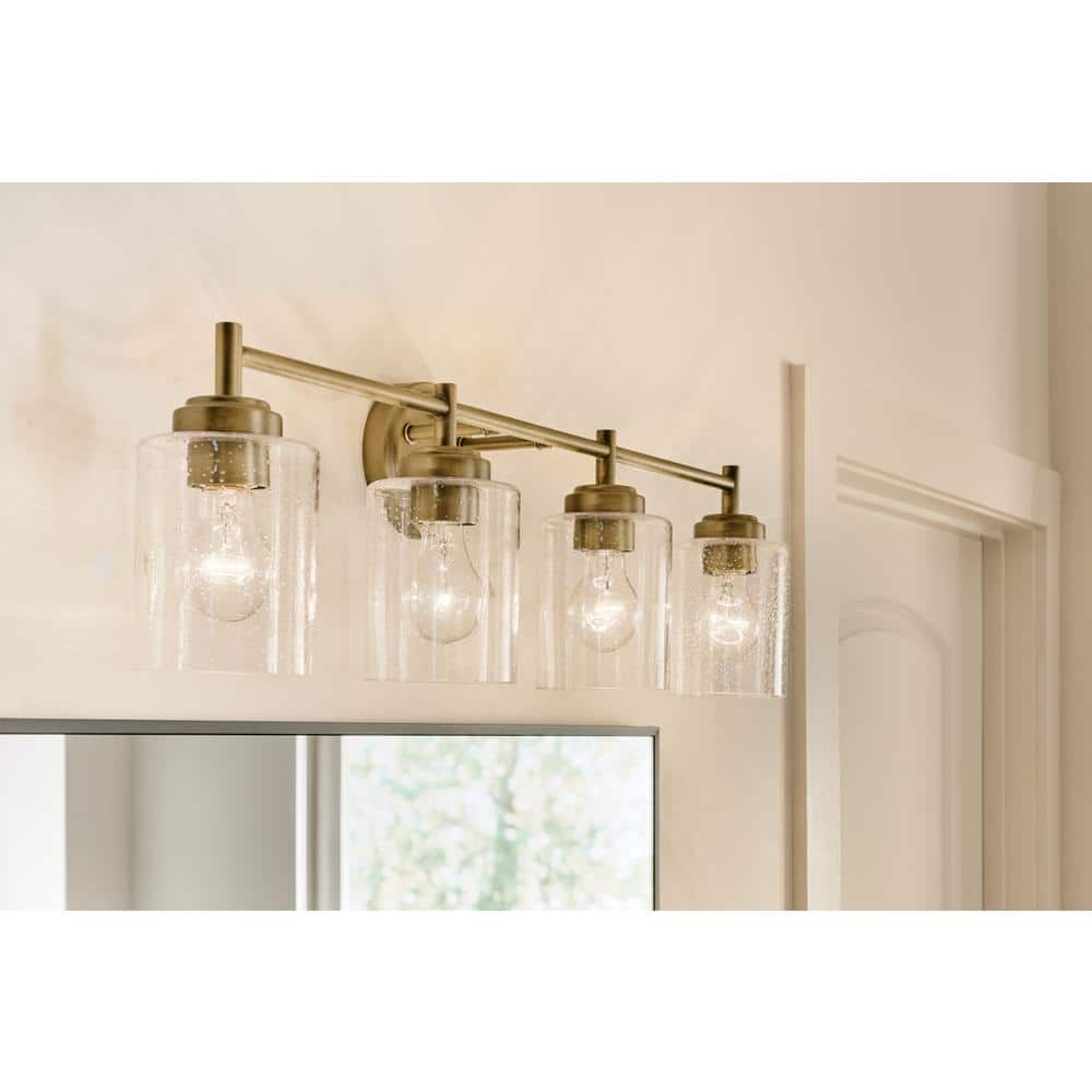 Winslow 30 in. 4-Light Natural Brass Contemporary Bathroom Vanity Light with Seeded Glass Shade price history on PriceWatchPro