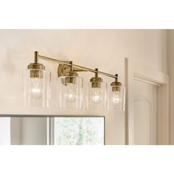 KICHLER Winslow 30 in. 4-Light Natural Brass Contemporary Bathroom Vanity Light with Seeded Glass Shade