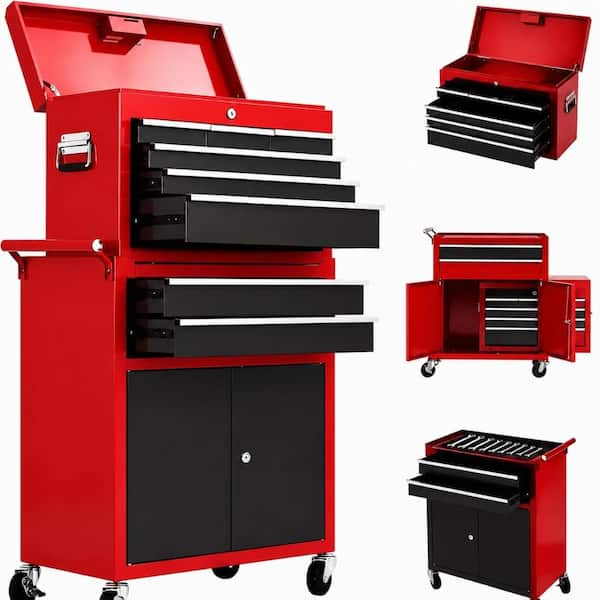 5-Drawer Red&Black Tool Chest Tool Box ,Lockable Detachable Rolling Storage, 2-in-1 Compact Metal Cabinet with Top Chest