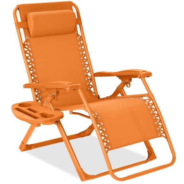 Tangerine Metal Zero Gravity Folding Beach Chair and Patio Recliner with Side Tray and Headrest