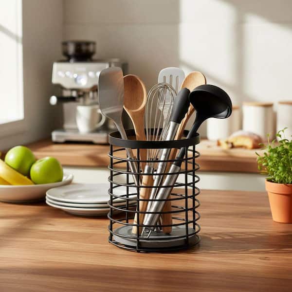 Matte Black Metal Kitchen Utensil Holder with Diatomaceous Earth Base, Open-Style Countertop Organizer 1-Piece