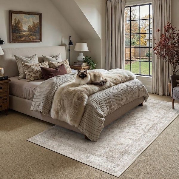 Baykal Taupe 5 ft. x 7 ft. Vintage Washable Medallion Distressed Area Rug