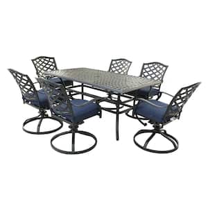 Hahn Dark Gold 7-Piece Aluminum Rectangle 68 in. D Outdoor Dining Set with Blue Cushions for Gazebo, Patio