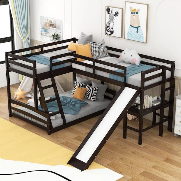 Harper & Bright Designs L-Shaped Espresso Twin Over Full Triple Bunk Bed  With Ladder, Slide And Desk Qhs038Aap - The Home Depot