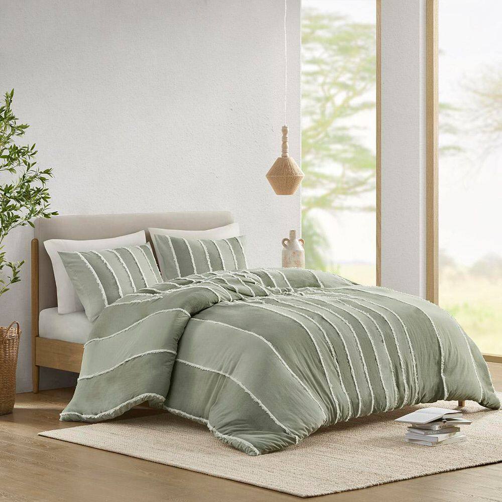 Sage Green Cotton Striped Queen Duvet Cover Set