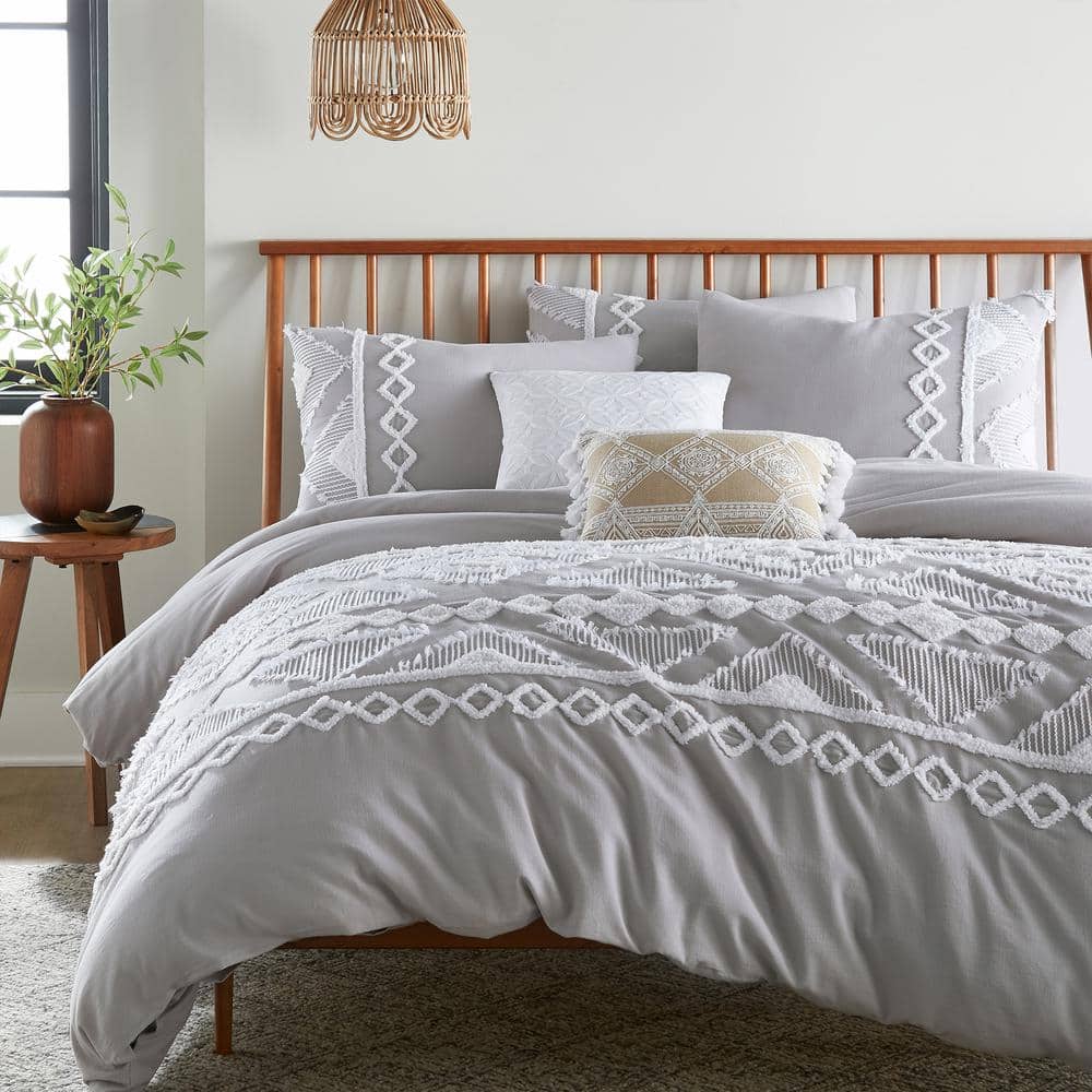 Gray Twin Cotton Jacquard Duvet with Textured Accent