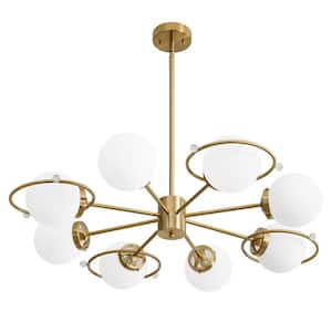 Modern 8-Light Gold Sputnik Chandeliers with Milk White Glass Shade and Height Adjustable, Bulbs Not Included