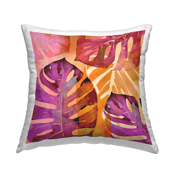 Tropical Leaf Collage Pink Floral Polyester 18 in. x 18 in. Throw Pillow