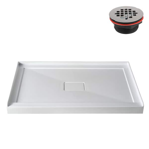 48 in. L x 32 in. W Alcove Acrylic Shower Pan Base in Glossy White with Center Drain, Drain Included