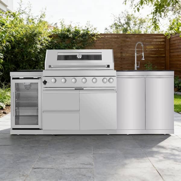 43 in. 6-Burner Propane Gas Grill Island Outdoor Kitchen with Refrigerator, Sink, Rotisserie in Stainless Steel, Silver