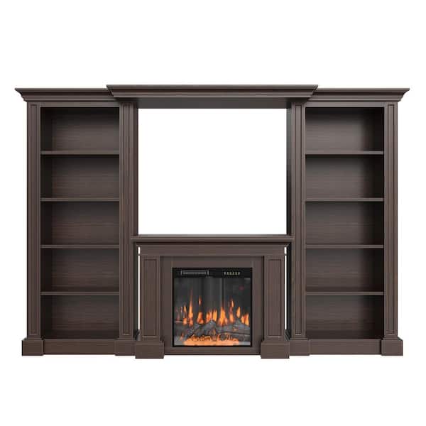 115.5 in. Freestanding Engineered Wood Smart Electric Fireplace TV Stand in Brown with 10 Shelves, Remote Control