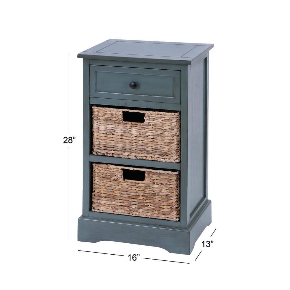 Teal Solid Wood Rectangular Side Table with Seagrass Baskets and Drawer