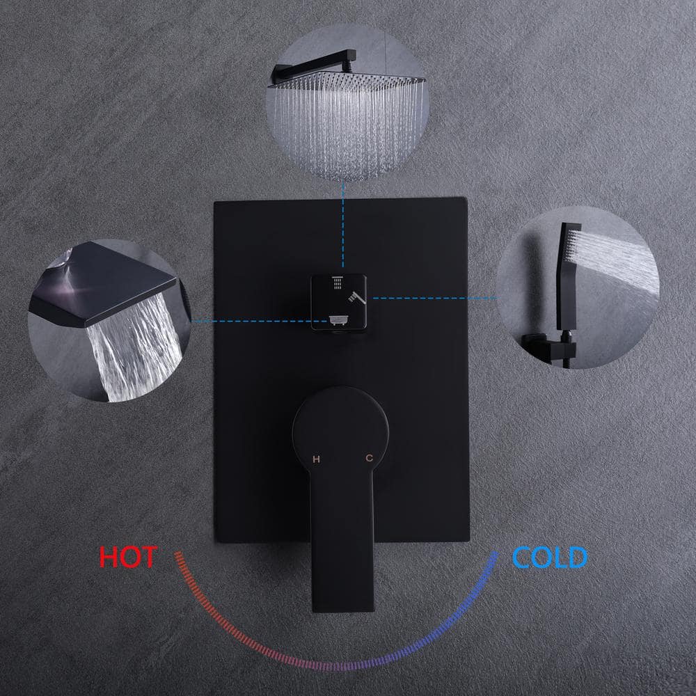 Large Matte Black Stainless Steel Square Wall Mounted Shower System