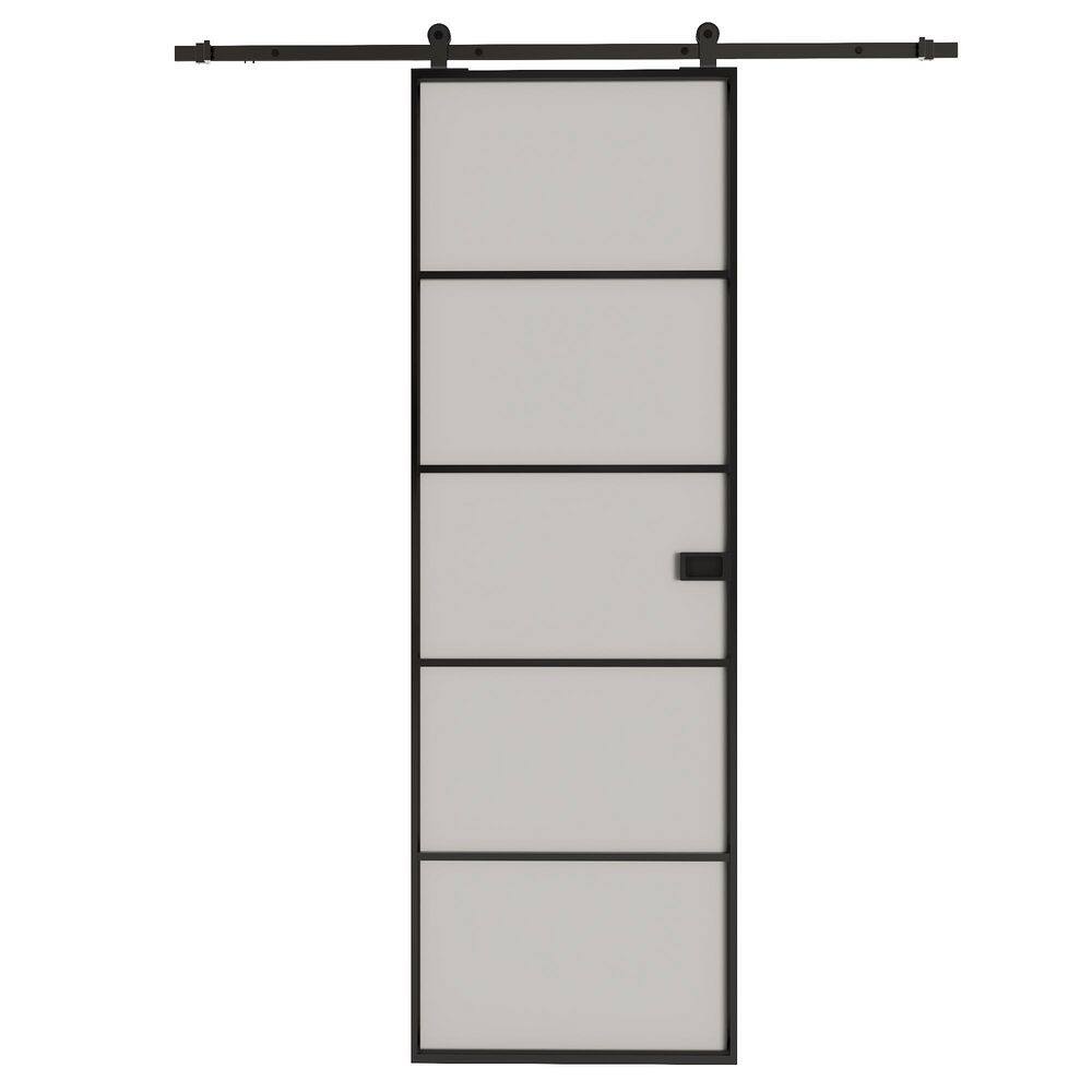 28 in. x 80 in. 5 Lite Frosted Glass No Assembly Required Black Aluminum Sliding Barn Door with Hardware Kit and Handle price history on PriceWatchPro