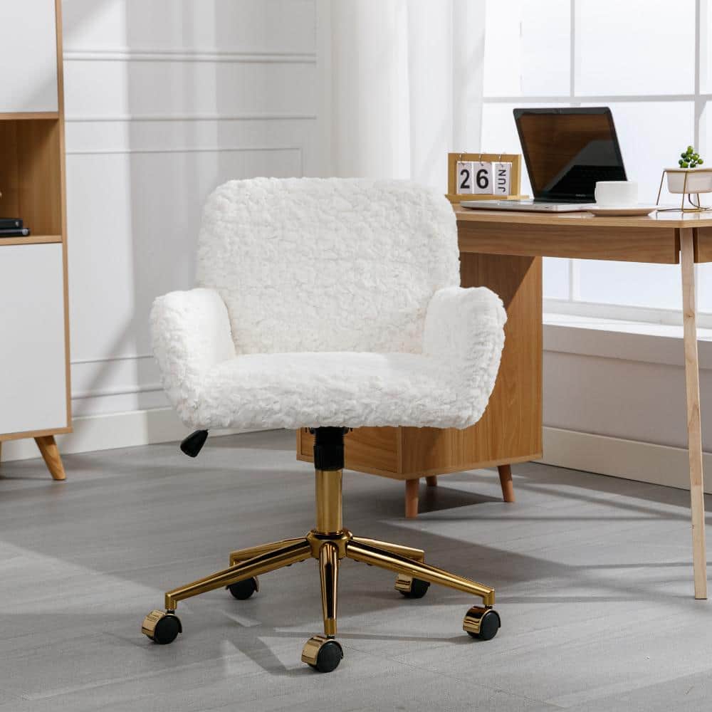 Beige Artificial Rabbit Hair Upholstered Adjustable Height Swivel Arm Chair with Golden Metal Base