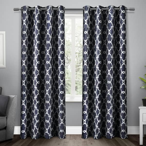 EXCLUSIVE HOME Gates Peacoat Blue Ogee Woven Room Darkening Grommet Top Curtain, 52 in. W x 96 in. L (Set of 2)