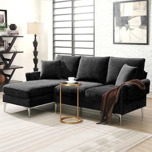 84 in. W Flared Arm Chenille L-Shaped Modern Sectional Sofa in Black with 2 Pillows