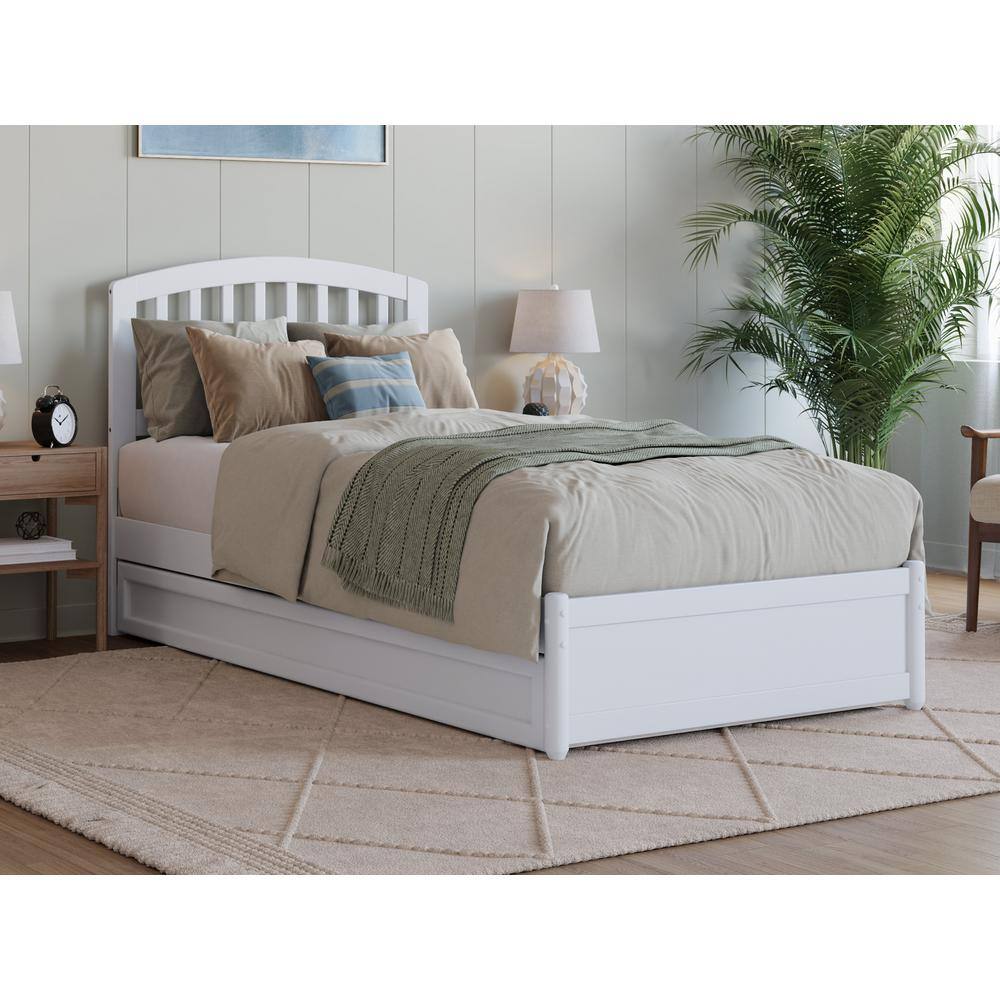 Lucia Twin XL White Wood Platform Bed with Trundle and Slatted Headboard
